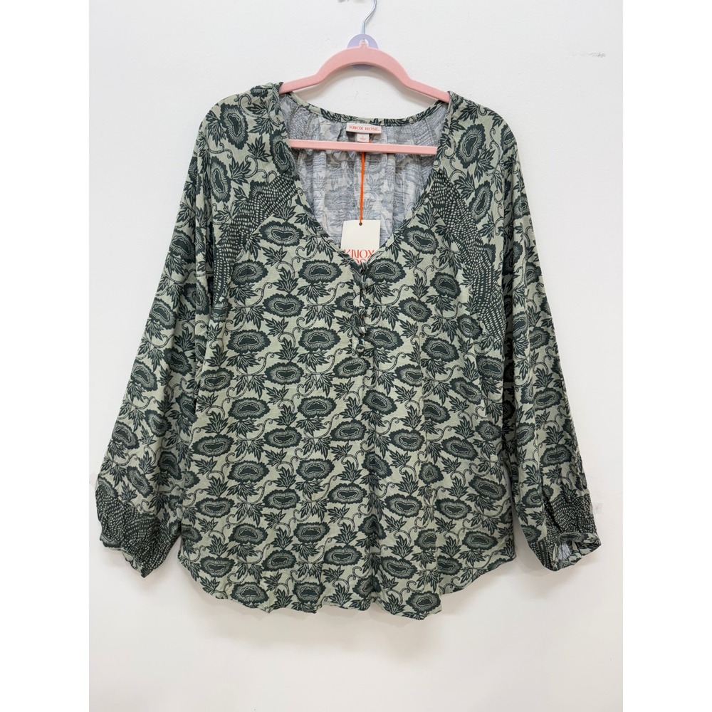 Knox Rose Blouse Large Sage Green Floral Smocked Cuff‎ Long Sleeve Boho Top